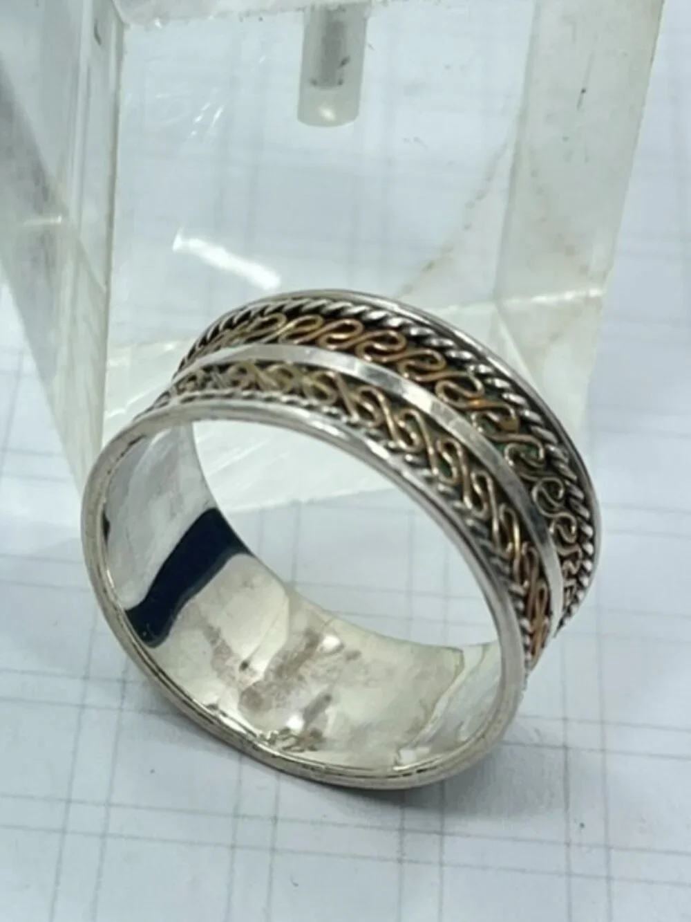 925 Sterling Silver & Brass Wide Band Scroll Ring Size 8.5-9